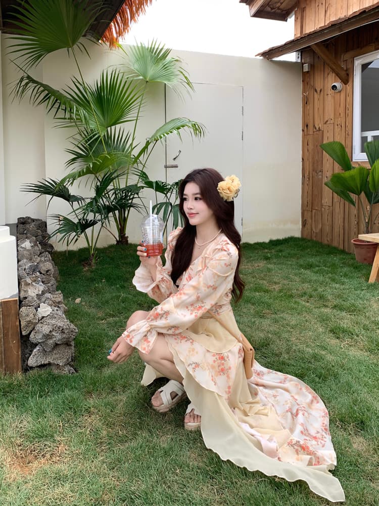 2026 봄 여름 가을 새로운 빅 사이즈 통통한 여동생 슬림해 보이는 고급 꽃무늬 프릴 V넥 쉬폰 휴가 드레스 상세 이미지 8