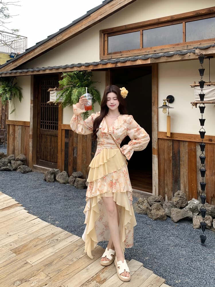 2026 봄 여름 가을 새로운 빅 사이즈 통통한 여동생 슬림해 보이는 고급 꽃무늬 프릴 V넥 쉬폰 휴가 드레스 상세 이미지 11