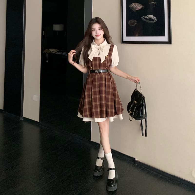 실사 여름 섹션 빅 사이즈 캠퍼스 소설 여성 주님 페이크 레이어드 나비 매듭 여성 드레스 학원 스타일 반팔 플리츠 스커트 이미지 4
