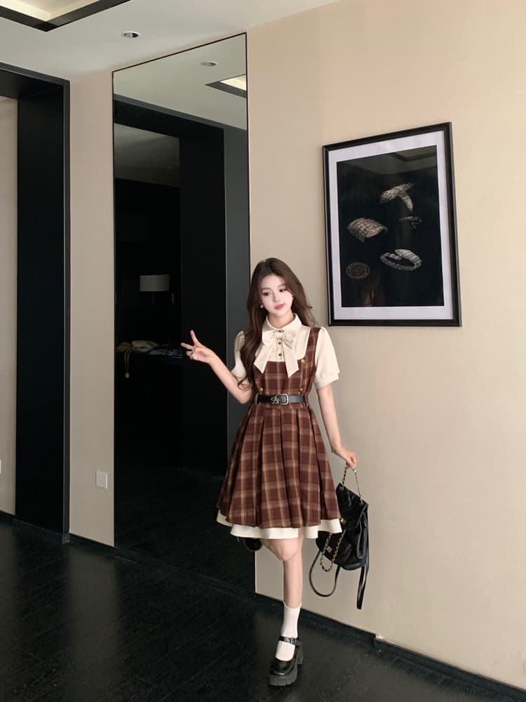 실사 여름 섹션 빅 사이즈 캠퍼스 소설 여성 주님 페이크 레이어드 나비 매듭 여성 드레스 학원 스타일 반팔 플리츠 스커트 상세 이미지 8