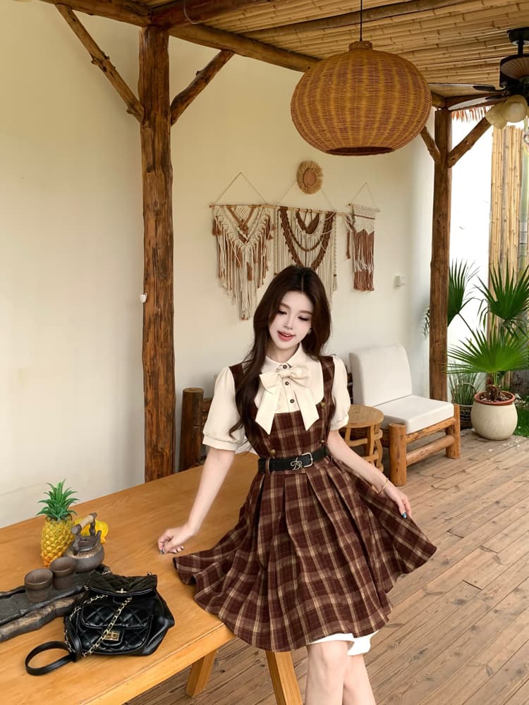 실사 여름 섹션 빅 사이즈 캠퍼스 소설 여성 주님 페이크 레이어드 나비 매듭 여성 드레스 학원 스타일 반팔 플리츠 스커트 상세 이미지 9
