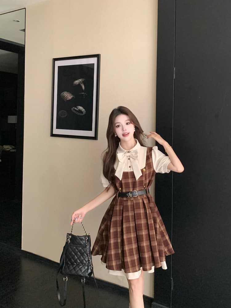 실사 여름 섹션 빅 사이즈 캠퍼스 소설 여성 주님 페이크 레이어드 나비 매듭 여성 드레스 학원 스타일 반팔 플리츠 스커트 상세 이미지 10