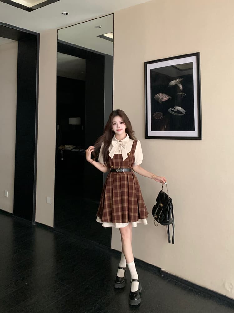 실사 여름 섹션 빅 사이즈 캠퍼스 소설 여성 주님 페이크 레이어드 나비 매듭 여성 드레스 학원 스타일 반팔 플리츠 스커트 상세 이미지 11