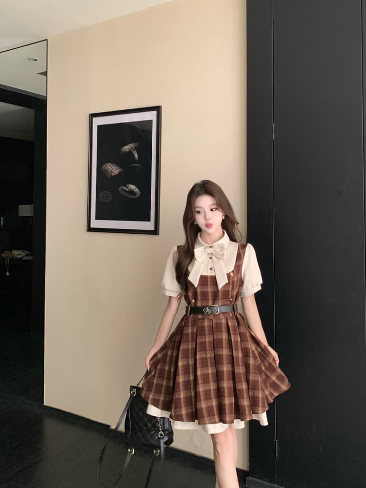 실사 여름 섹션 빅 사이즈 캠퍼스 소설 여성 주님 페이크 레이어드 나비 매듭 여성 드레스 학원 스타일 반팔 플리츠 스커트 상세 이미지 15