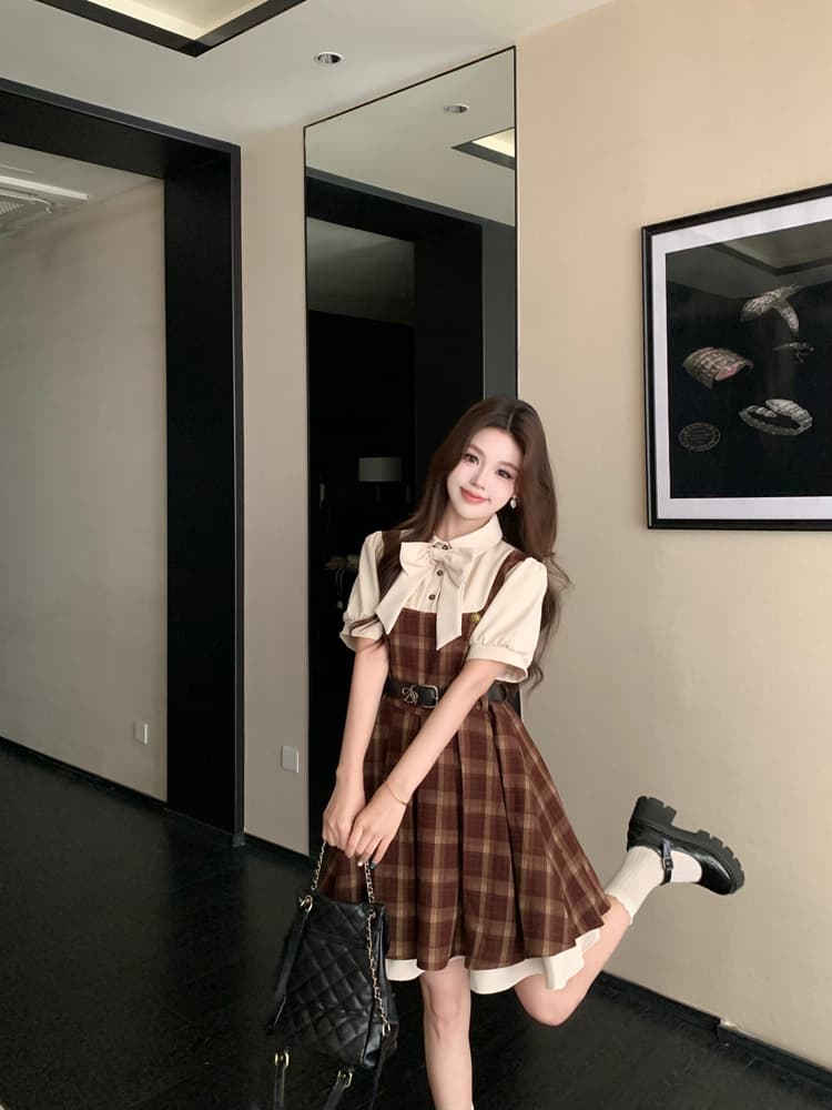 실사 여름 섹션 빅 사이즈 캠퍼스 소설 여성 주님 페이크 레이어드 나비 매듭 여성 드레스 학원 스타일 반팔 플리츠 스커트 상세 이미지 16