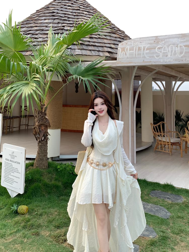 새로운 여름 휴가 여행 보헤미안 불규칙 프릴 투피스 드레스 자외선 차단 의류 상세 이미지 4