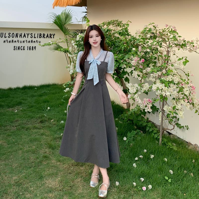 프랑스식 블루 그리드 패치워크 페이크 레이어드 나비 매듭 디자인 센스 여성 드레스 품격 고급 센스 롱 스커트 이미지 5