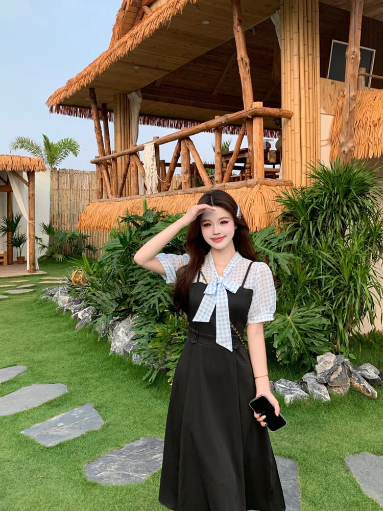 프랑스식 블루 그리드 패치워크 페이크 레이어드 나비 매듭 디자인 센스 여성 드레스 품격 고급 센스 롱 스커트 상세 이미지 9