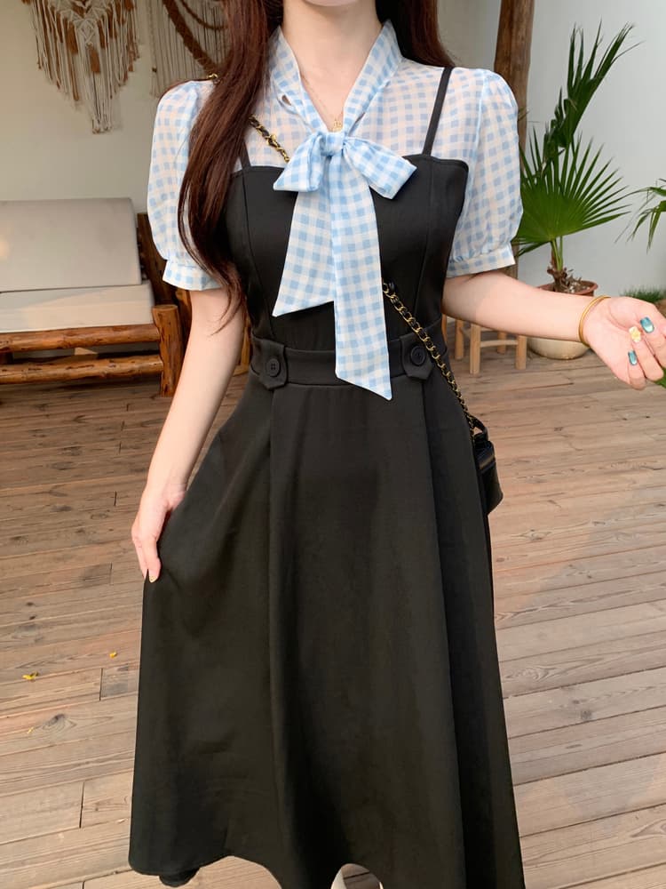 프랑스식 블루 그리드 패치워크 페이크 레이어드 나비 매듭 디자인 센스 여성 드레스 품격 고급 센스 롱 스커트 상세 이미지 14