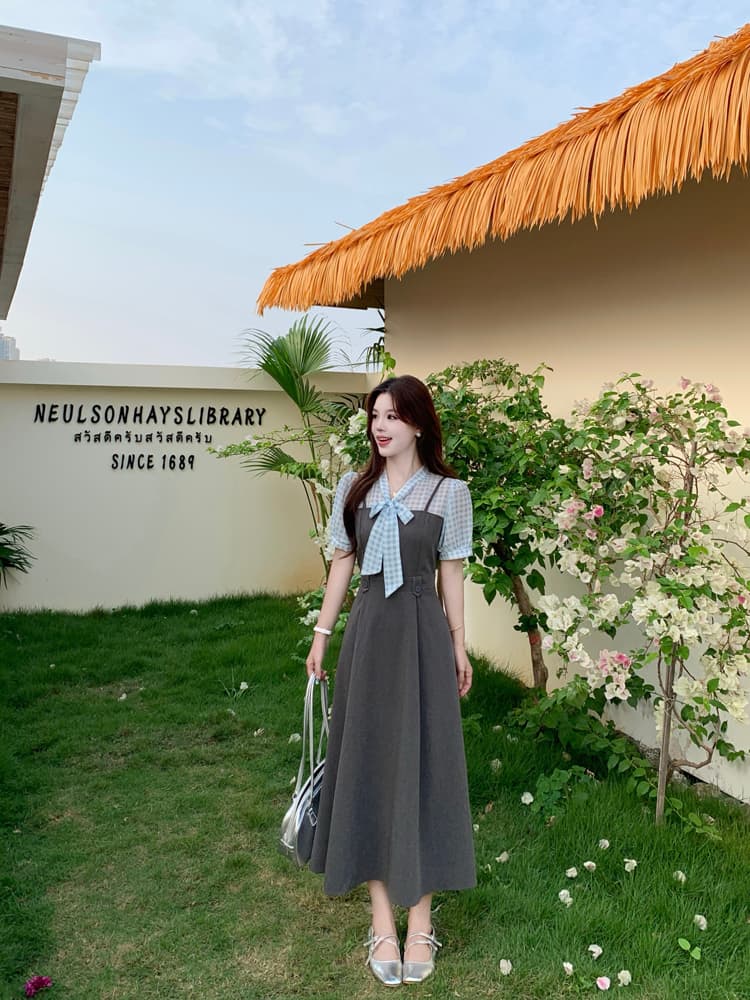 프랑스식 블루 그리드 패치워크 페이크 레이어드 나비 매듭 디자인 센스 여성 드레스 품격 고급 센스 롱 스커트 상세 이미지 21