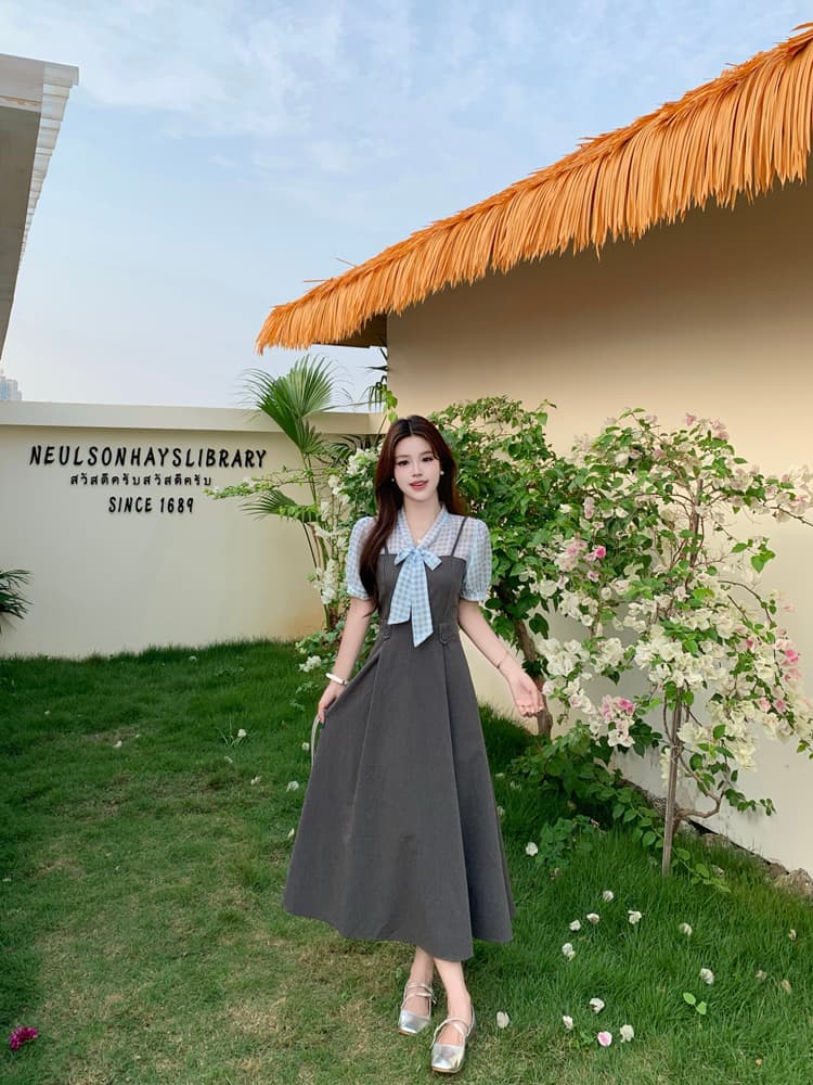 프랑스식 블루 그리드 패치워크 페이크 레이어드 나비 매듭 디자인 센스 여성 드레스 품격 고급 센스 롱 스커트 상세 이미지 28