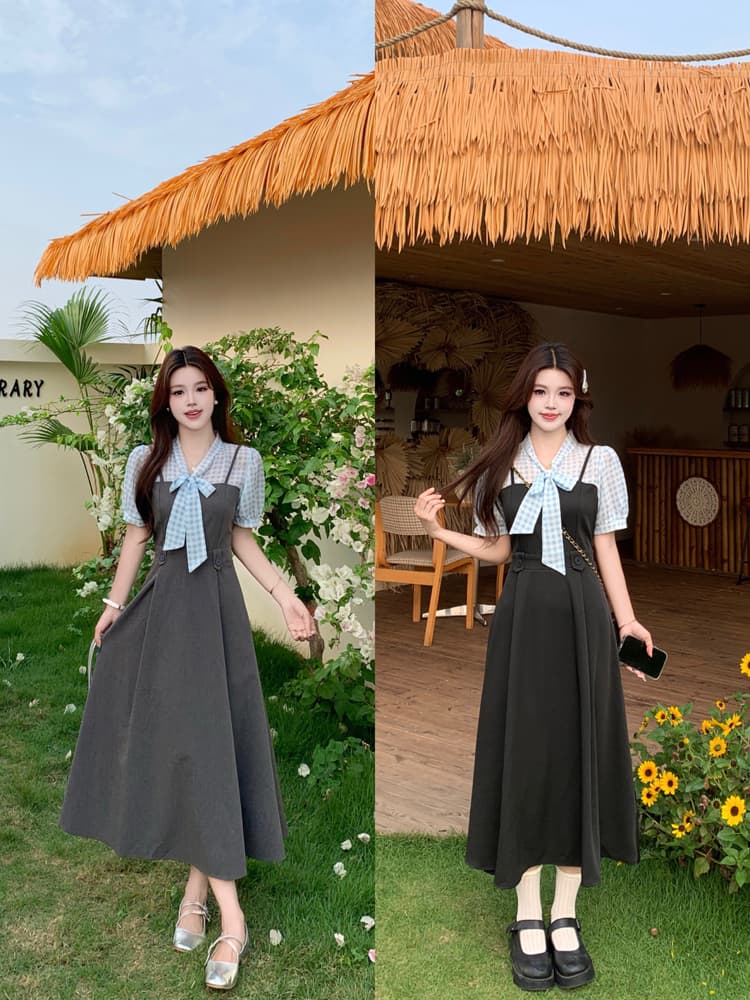 프랑스식 블루 그리드 패치워크 페이크 레이어드 나비 매듭 디자인 센스 여성 드레스 품격 고급 센스 롱 스커트 상세 이미지 30