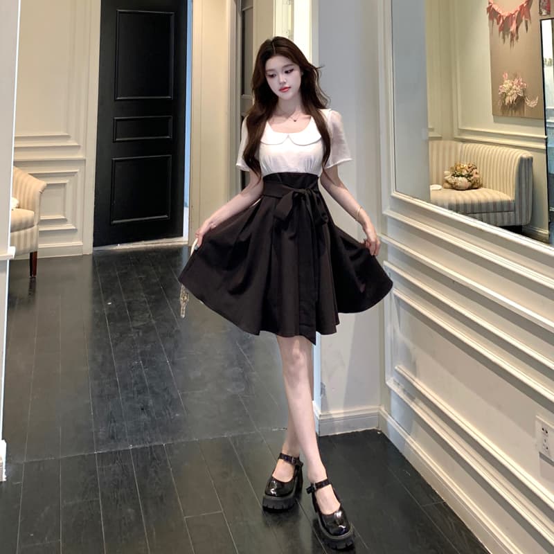 새로운 통통한 여동생 여름 메시지 연령 감소 베이비 칼라 배색 패치워크 디자인 센스 드레스 짧은 롱 스커트 이미지 4