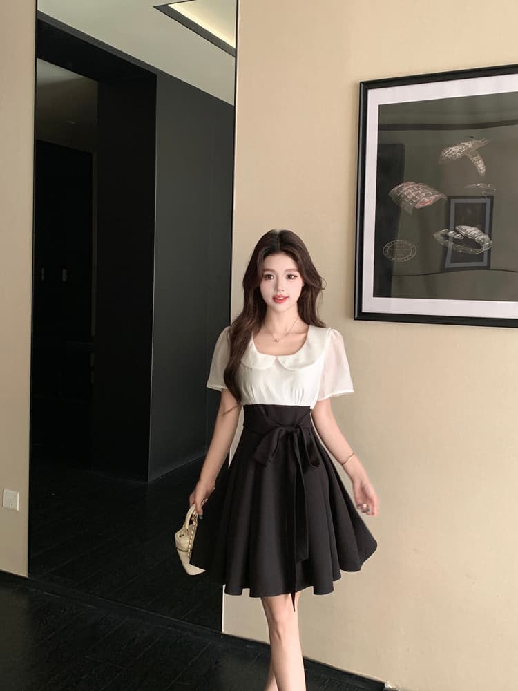 새로운 통통한 여동생 여름 메시지 연령 감소 베이비 칼라 배색 패치워크 디자인 센스 드레스 짧은 롱 스커트 상세 이미지 4