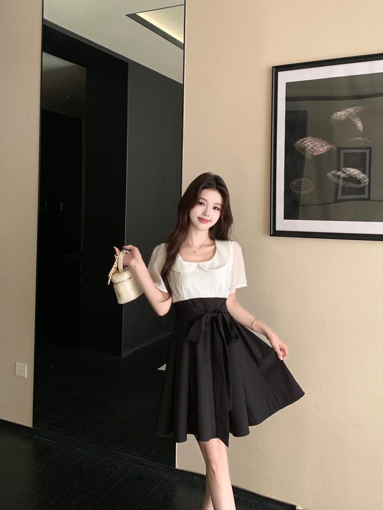 새로운 통통한 여동생 여름 메시지 연령 감소 베이비 칼라 배색 패치워크 디자인 센스 드레스 짧은 롱 스커트 상세 이미지 6