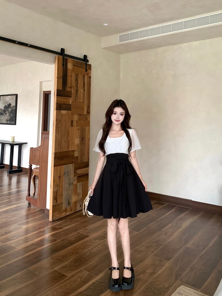 새로운 통통한 여동생 여름 메시지 연령 감소 베이비 칼라 배색 패치워크 디자인 센스 드레스 짧은 롱 스커트 상세 이미지 9