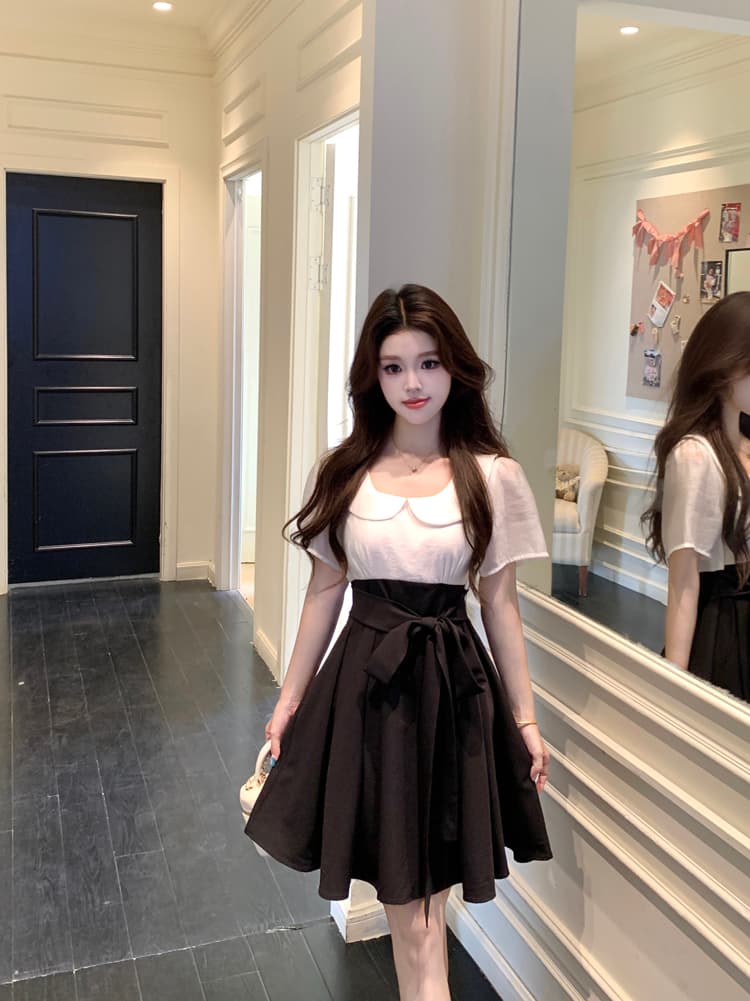새로운 통통한 여동생 여름 메시지 연령 감소 베이비 칼라 배색 패치워크 디자인 센스 드레스 짧은 롱 스커트 상세 이미지 11