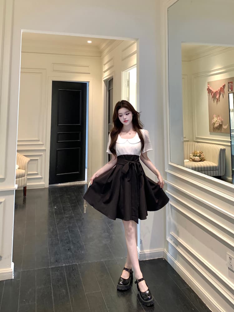 새로운 통통한 여동생 여름 메시지 연령 감소 베이비 칼라 배색 패치워크 디자인 센스 드레스 짧은 롱 스커트 상세 이미지 12