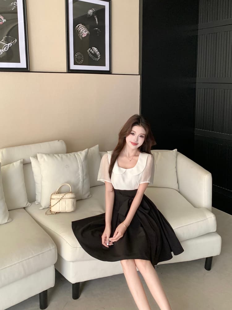새로운 통통한 여동생 여름 메시지 연령 감소 베이비 칼라 배색 패치워크 디자인 센스 드레스 짧은 롱 스커트 상세 이미지 15