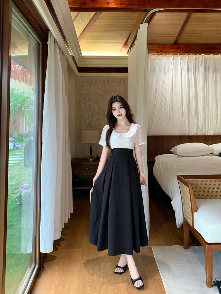 새로운 통통한 여동생 여름 메시지 연령 감소 베이비 칼라 배색 패치워크 디자인 센스 드레스 짧은 롱 스커트 상세 이미지 20