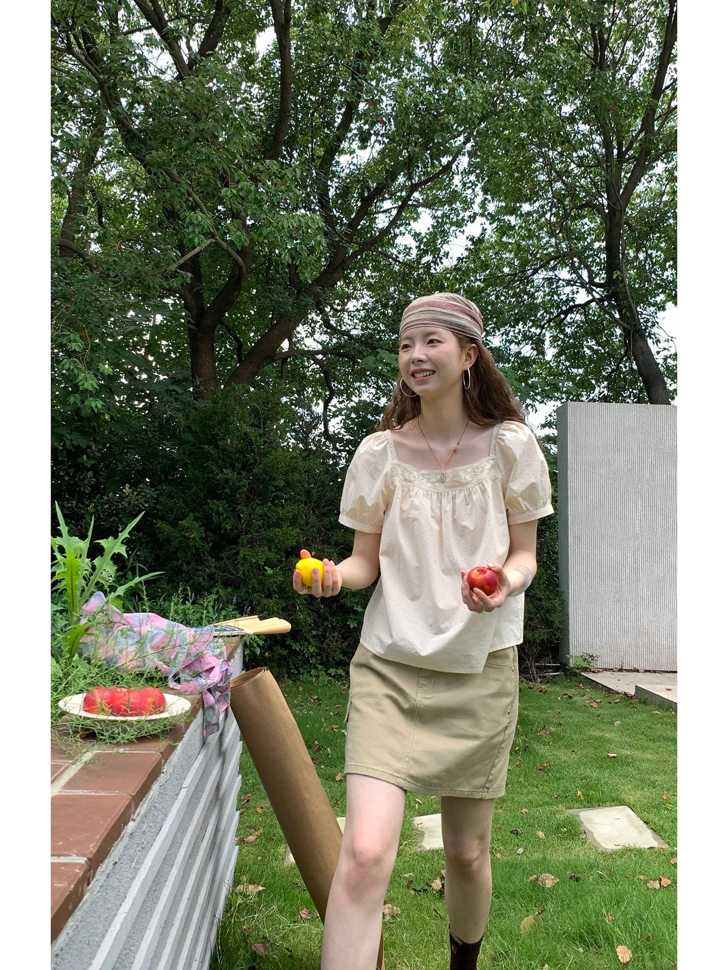 helloooeat 길다 플러시 면 프랑스식 살구 색상 광장 칼라 레이스 반팔 셔츠 문예 연령 감소 맨위