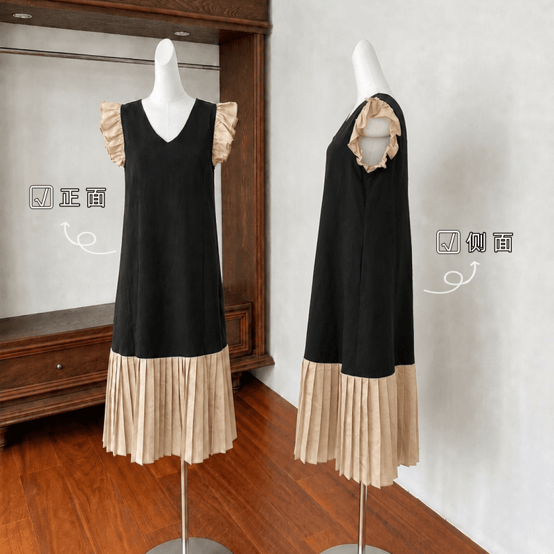 재고 있음 cherry 배색 패치워크 V넥 연꽃 잎 Feifei 소매 루즈핏 배색 플리츠 진자 민소매 조끼 원피스