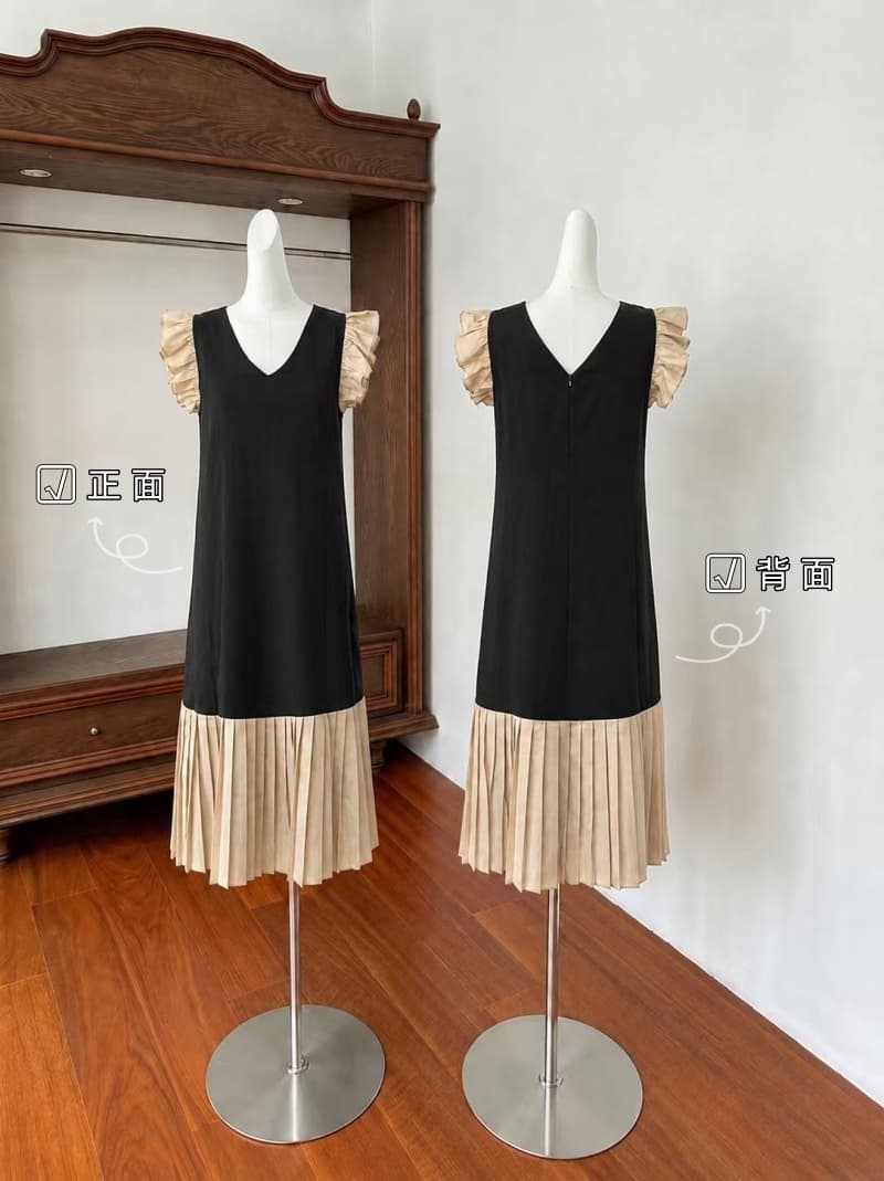 재고 있음 cherry 배색 패치워크 V넥 연꽃 잎 Feifei 소매 루즈핏 배색 플리츠 진자 민소매 조끼 원피스 상세 이미지 2