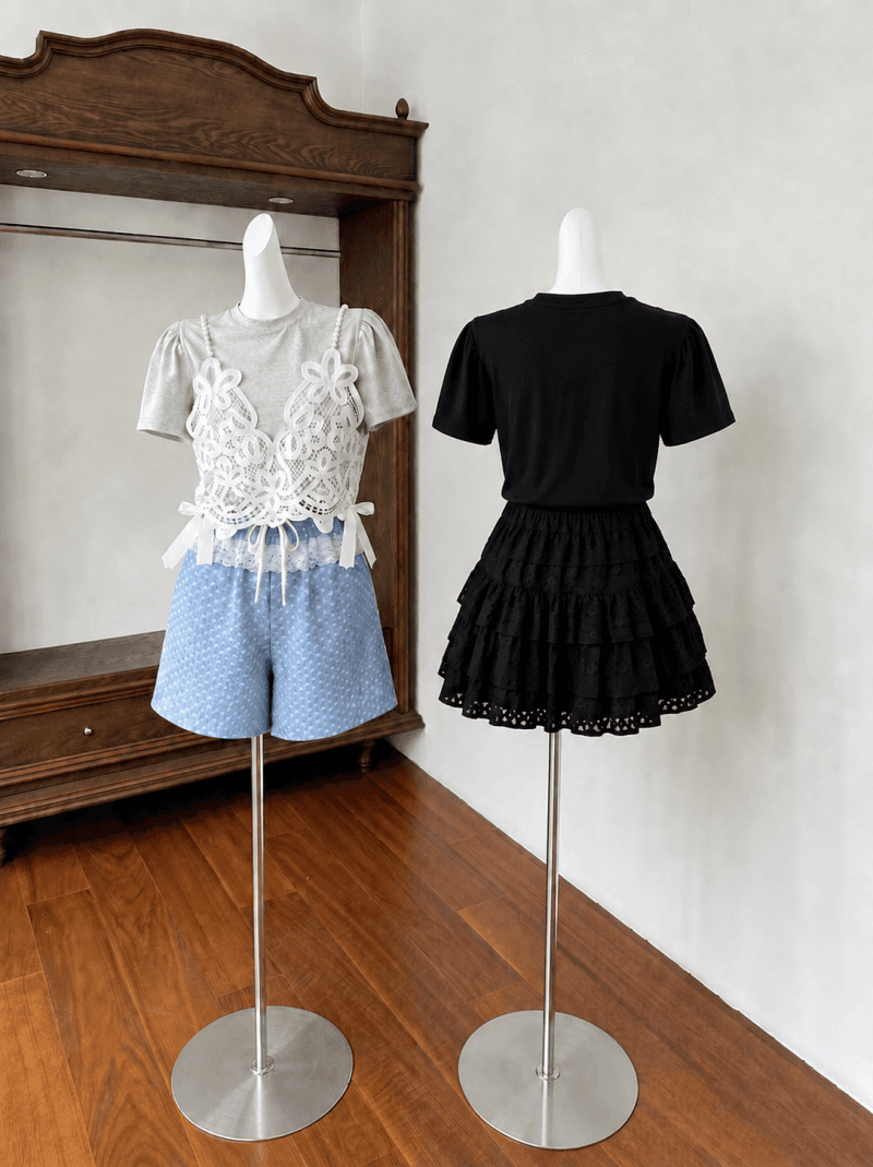 재고 있음 cherry 달콤한 차가운 바람 진주 어깨끈 패치워크 레이스 낭만주의 페이크 레이어드 반팔 티셔츠 경기 나비 매듭 상세 이미지 4