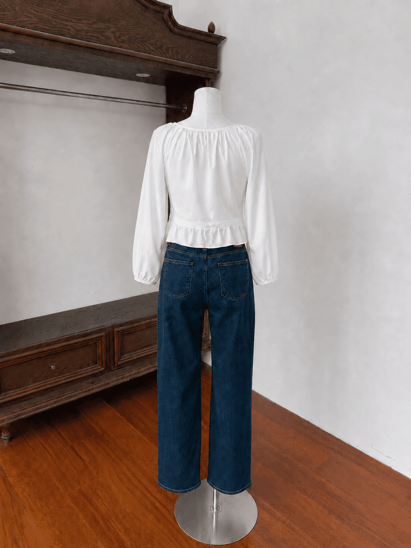 재고 있음 korea 프랑스식 부드러운 바람 리본 달콤함 벌룬 소매 명중 Pleat 단추 연꽃 잎 긴팔 여성 셔츠 이미지 4