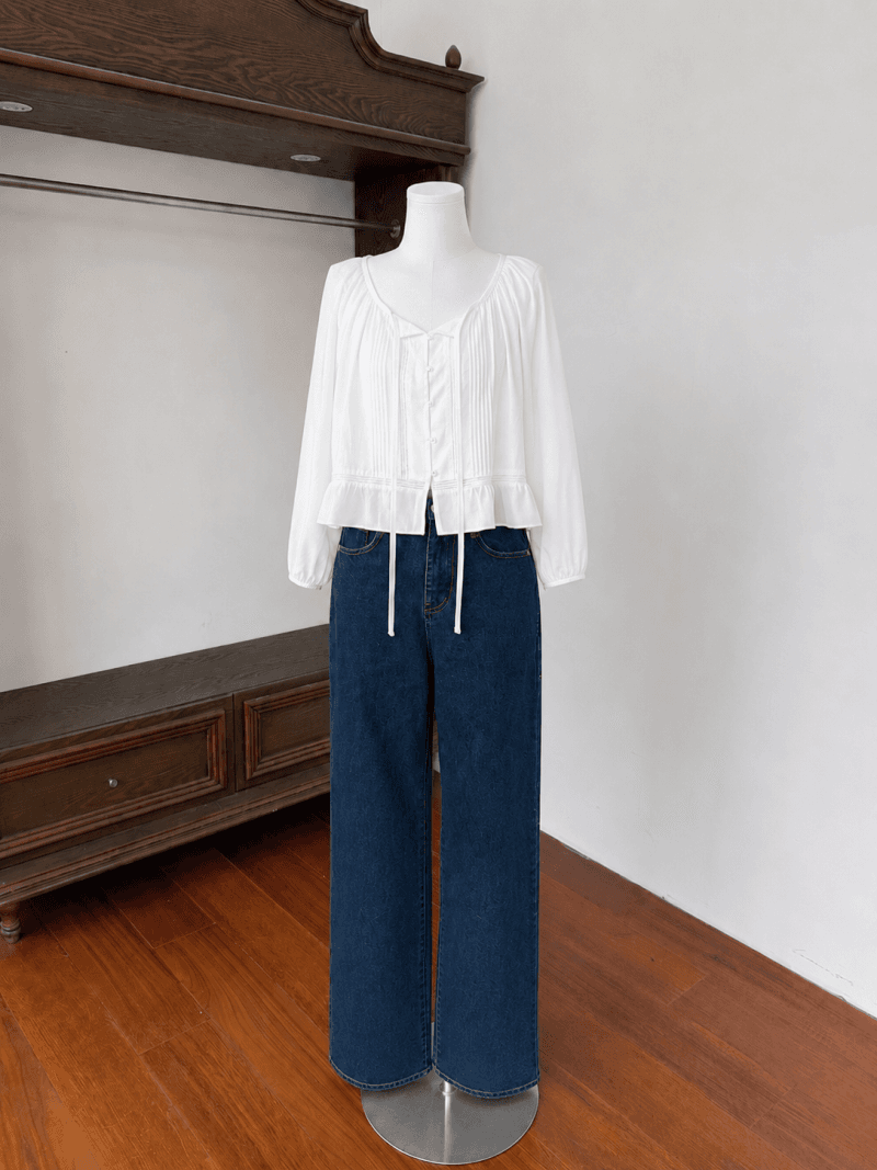 재고 있음 korea 프랑스식 부드러운 바람 리본 달콤함 벌룬 소매 명중 Pleat 단추 연꽃 잎 긴팔 여성 셔츠 이미지 3