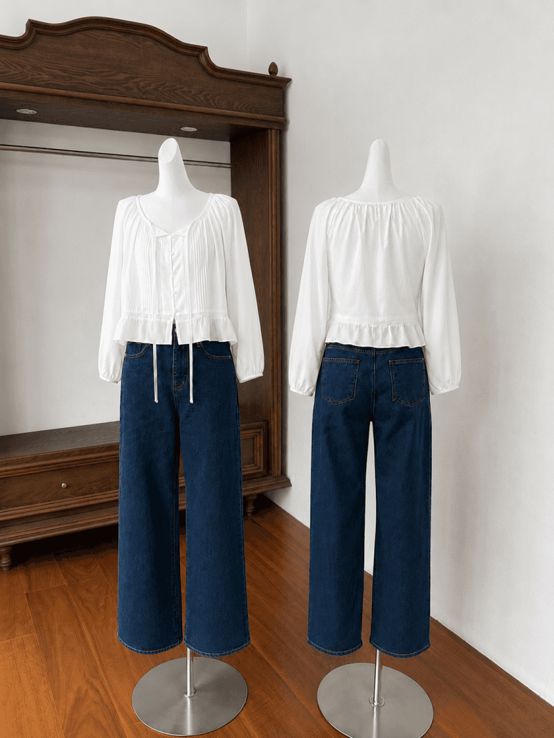 재고 있음 korea 프랑스식 부드러운 바람 리본 달콤함 벌룬 소매 명중 Pleat 단추 연꽃 잎 긴팔 여성 셔츠 이미지 2