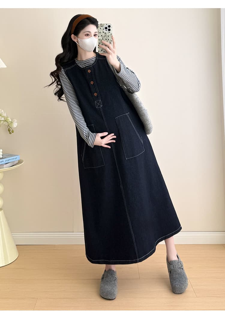 실사 봄 다용도 스트라이프 맨위 한국 스타일 루즈핏 캐주얼 데님 조끼 스커트 임산부 투피스 슈트 상세 이미지 12