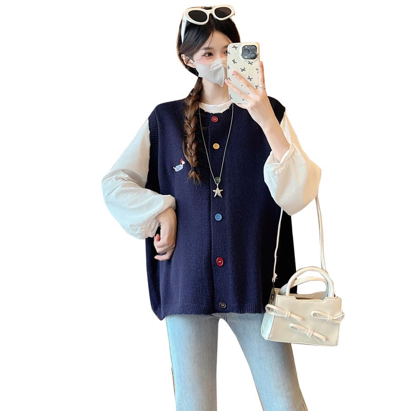 실사 가을 순면 캐주얼 루즈핏 긴팔 닥스 훈트 니트 베스트 임신 엄마 외국 가스 투피스 세트 이미지 5