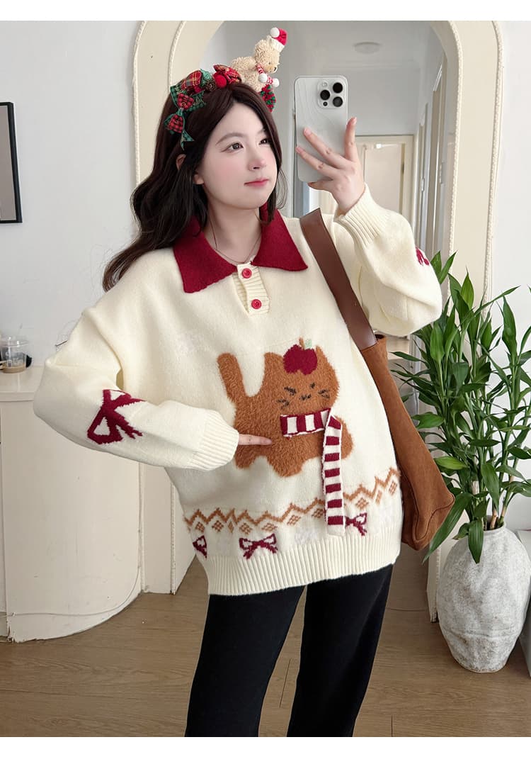 실사 가을 겨울 한국 스타일 루즈핏 연령 감소 크리스마스 재미있는 고양이 POLO 칼라 스웨터 펌프 로프 바지 트렌디 엄마 세트 상세 이미지 18