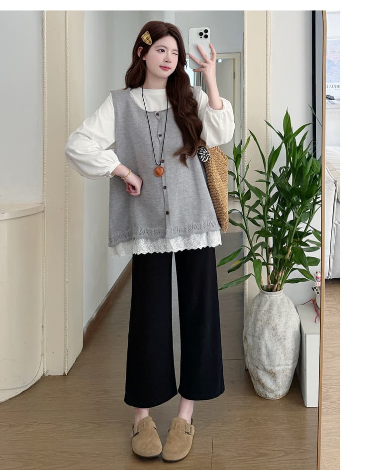 실사 가을 순면 캐주얼 루즈핏 긴팔 한 부서 레이스 조각 니트 베스트 임산부 세트 상세 이미지 9