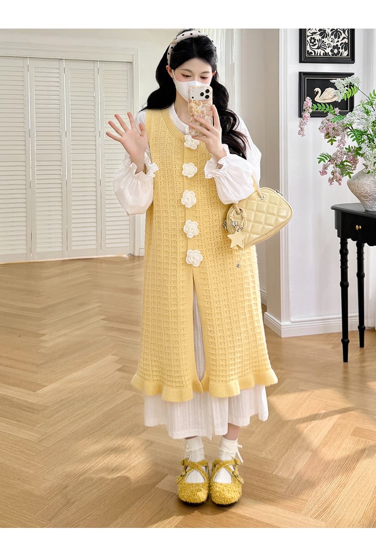실사 봄 프랑스식 루즈핏 롱 코트 드레스 동백 나무 인어 꼬리 니트 홀로우 아웃 조끼 스커트 임신 엄마 세트 상세 이미지 15