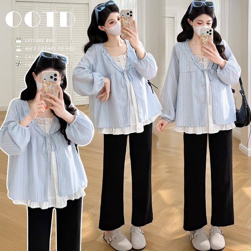 실사 새로운 봄 한국 스타일 루즈핏 페이크 레이어드 디자인 센스 프릴 임산부 셔츠 프랑스식 맨위 이미지 2