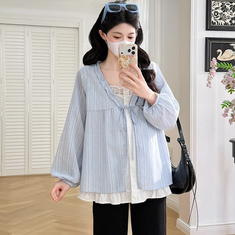 실사 새로운 봄 한국 스타일 루즈핏 페이크 레이어드 디자인 센스 프릴 임산부 셔츠 프랑스식 맨위 이미지 5