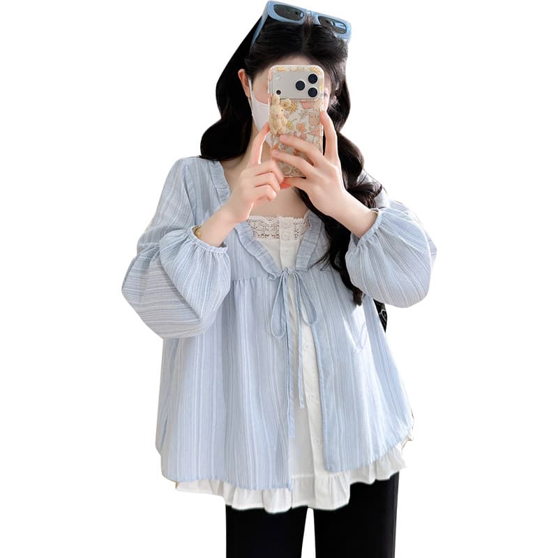 실사 새로운 봄 한국 스타일 루즈핏 페이크 레이어드 디자인 센스 프릴 임산부 셔츠 프랑스식 맨위 이미지 6