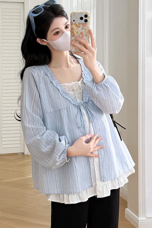 실사 새로운 봄 한국 스타일 루즈핏 페이크 레이어드 디자인 센스 프릴 임산부 셔츠 프랑스식 맨위 이미지 7