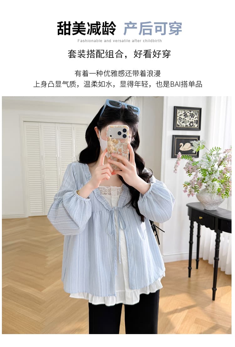 실사 새로운 봄 한국 스타일 루즈핏 페이크 레이어드 디자인 센스 프릴 임산부 셔츠 프랑스식 맨위 상세 이미지 2