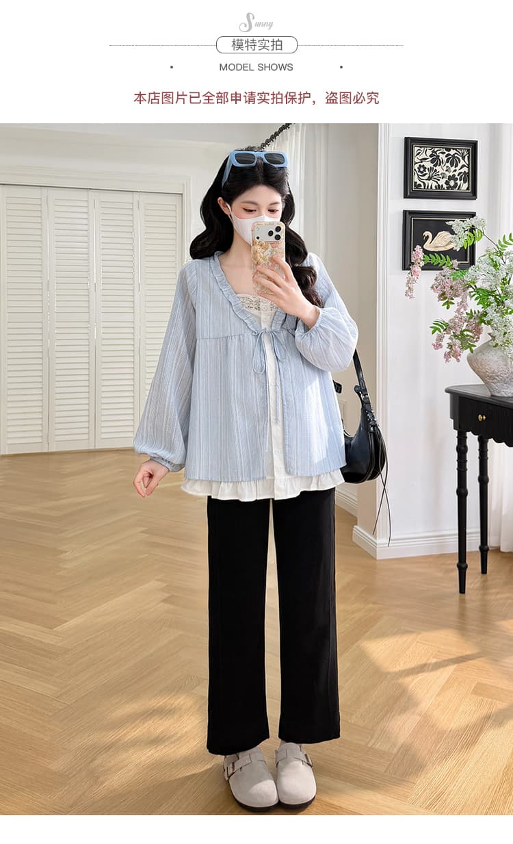 실사 새로운 봄 한국 스타일 루즈핏 페이크 레이어드 디자인 센스 프릴 임산부 셔츠 프랑스식 맨위 상세 이미지 10