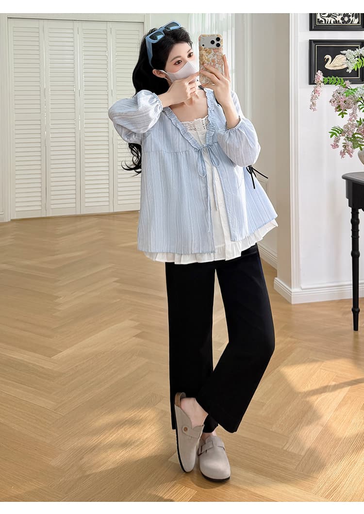 실사 새로운 봄 한국 스타일 루즈핏 페이크 레이어드 디자인 센스 프릴 임산부 셔츠 프랑스식 맨위 상세 이미지 13