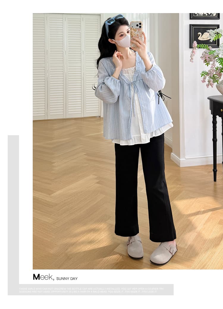 실사 새로운 봄 한국 스타일 루즈핏 페이크 레이어드 디자인 센스 프릴 임산부 셔츠 프랑스식 맨위 상세 이미지 14