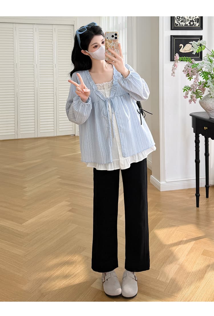 실사 새로운 봄 한국 스타일 루즈핏 페이크 레이어드 디자인 센스 프릴 임산부 셔츠 프랑스식 맨위 상세 이미지 16