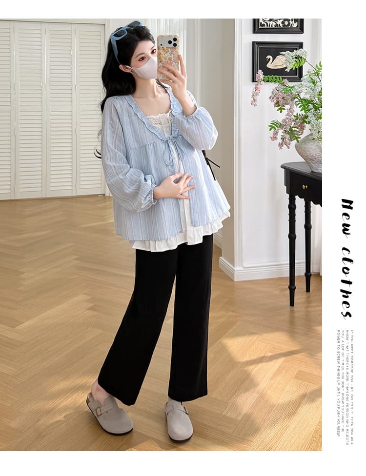 실사 새로운 봄 한국 스타일 루즈핏 페이크 레이어드 디자인 센스 프릴 임산부 셔츠 프랑스식 맨위 상세 이미지 17