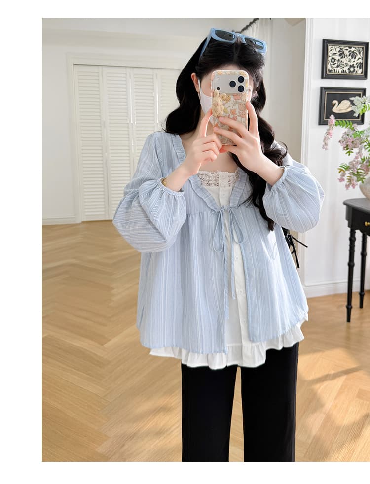 실사 새로운 봄 한국 스타일 루즈핏 페이크 레이어드 디자인 센스 프릴 임산부 셔츠 프랑스식 맨위 상세 이미지 18