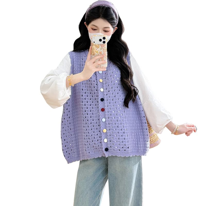 실사 지금 캐주얼 루즈핏 순면 긴팔 사탕 색상 한 부서 홀로우 아웃 베스트 트렌디 엄마 투피스 슈트 이미지 5