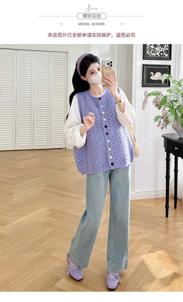 실사 지금 캐주얼 루즈핏 순면 긴팔 사탕 색상 한 부서 홀로우 아웃 베스트 트렌디 엄마 투피스 슈트 상세 이미지 10