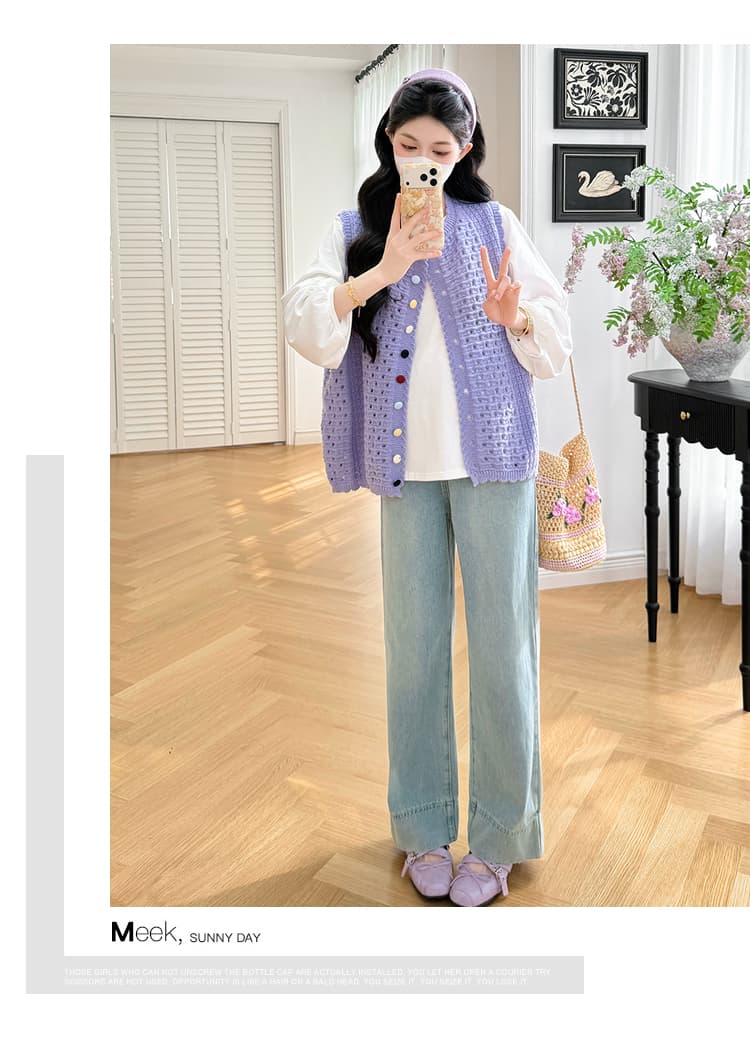 실사 지금 캐주얼 루즈핏 순면 긴팔 사탕 색상 한 부서 홀로우 아웃 베스트 트렌디 엄마 투피스 슈트 상세 이미지 14